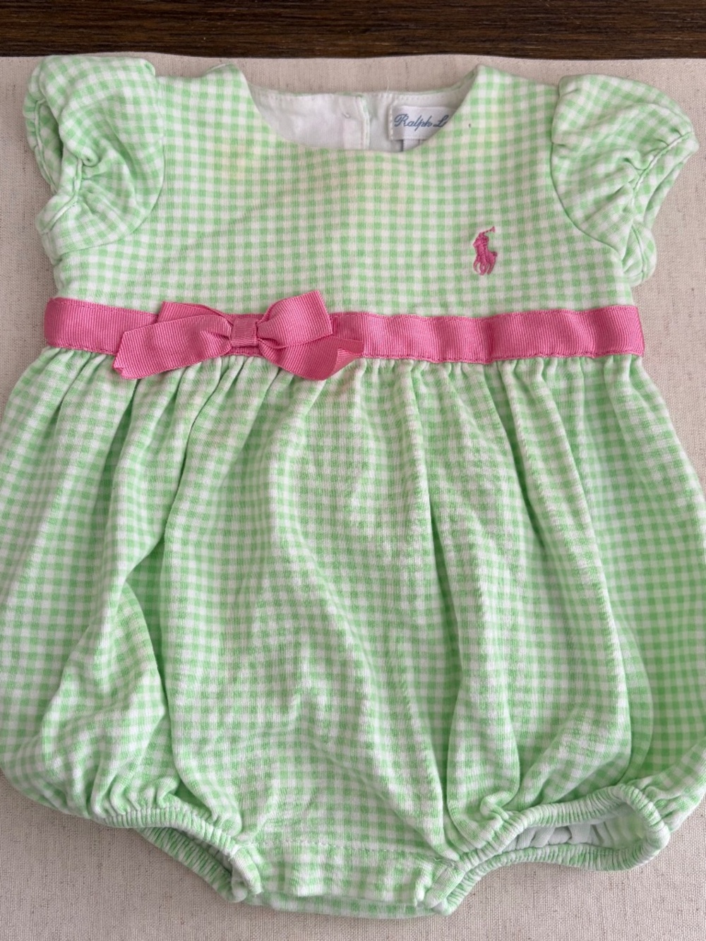 Vintage Ralph Lauren Baby Girl Green Gingham Seersucker Bubble Romper l 3M